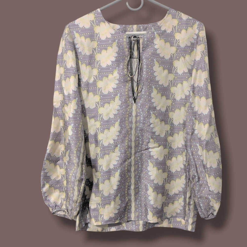 Elliette Purple Green Floral Heart Printed 100% Silk Blouson Sleeve Blouse